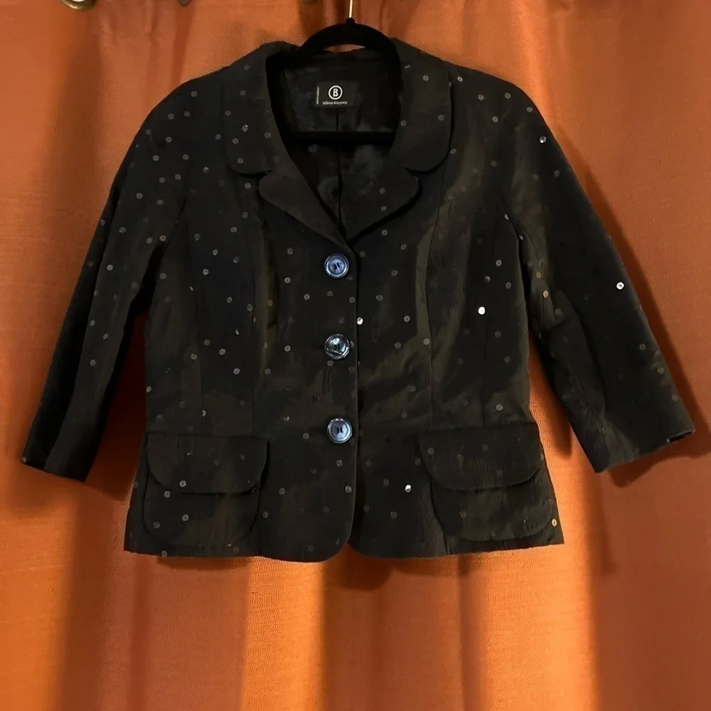 Sônia Bogner womens evening Jacket small Black Sequin Collar shimmer 3/4 sleeve  - Picture 13 of 16